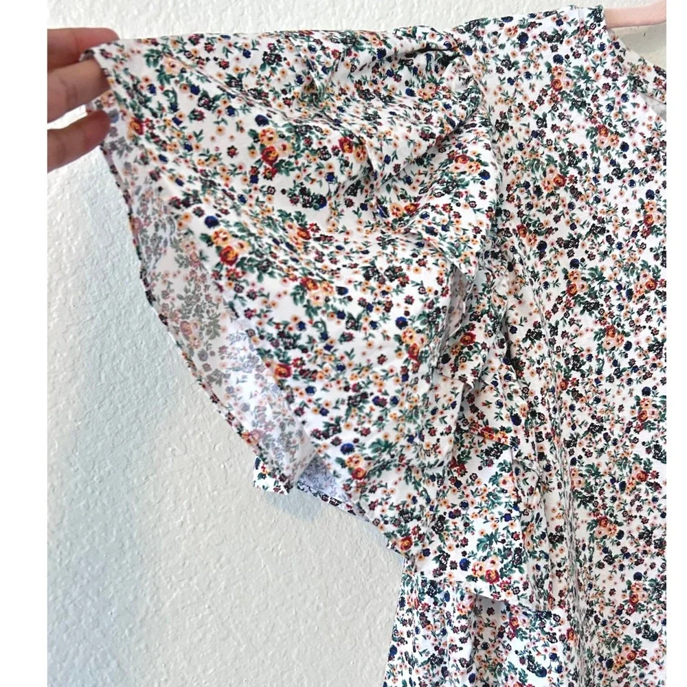 Zara Cottagecore Whimsy Floral Puff Sleeve Ruffle Top Cotton Ditsy Print SZ L